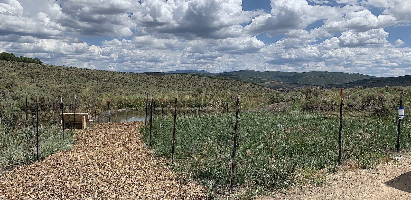 A fenced pond restoration site under a big sky, Summit County